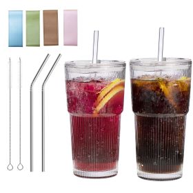 2 pcs vertical striped glass water cup coffee cup, high appearance value, with lid, straw and brush, suitable for drinking water, coffee and milk