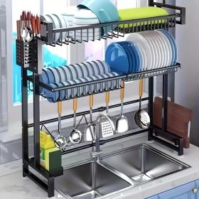 1-pack single-layer double-layer countertop dish storage drain rack retractable kitchen sink storage rack dish rack drain rack black kitchen stor (size: Double layer)